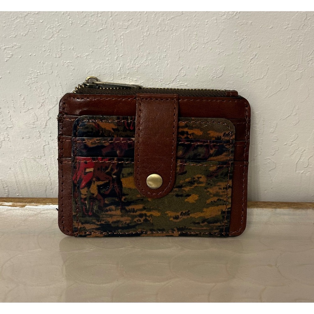 Patricia Nash Brown Leather Card Case Wallet Equestrian Print ID Window Zip